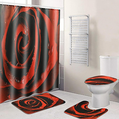 Floral Bathroom Rug Set Shower Curtain Non-Slip Toilet Lid Cover Bath Mat 