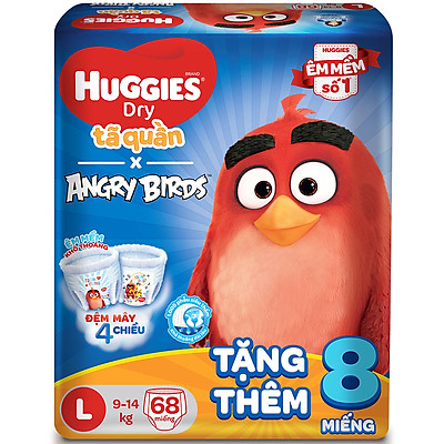 Tã Quần Huggies Dry Gói Cực Đại Angry Birds Phiên Bản Giới Hạn L68 (68 Miếng) - Tặng 8 Miếng