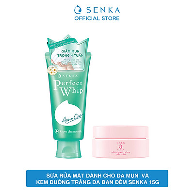 Sữa rửa mặt dành cho da mụn Senka Perfect Whip Acne Care 100g - Tặng Kem dưỡng trắng da ban đêm Senka 15g