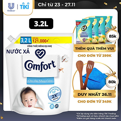 Nước xả làm mềm vải 3.2L Comfort Chăm sóc dịu nhẹ Cho da nhạy cảm, phù hợp với em bé Công thức riêng dịu nhẹ sử dụng nguyên liệu chính từ 100% nguồn gốc thực vật để sản xuất hoạt chất làm mềm vải