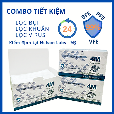 Combo Tiết Kiệm - 3 hộp khẩu trang y tế kháng khuẩn 4 lớp 4M Ultra Filter màu trắng - Thương hiệu 4M - Chuẩn quốc tế lọc bụi, lọc khuẩn BFE - VFE - PFE >99%