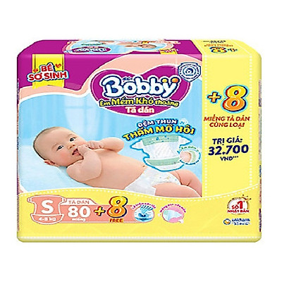 Tã Dán Bobby Sơ Sinh Siêu Thấm  S80 (80 Miếng) + 8 Miếng Tã dán cùng loại