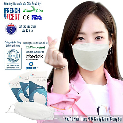 Một Hộp Gồm 10 Cái Khẩu Trang KF94, kháng Khuẩn, Chống Bụi, Màu Trắng - Đạt Các Chứng Chỉ ISO 13485, ISO 9001, CE, FDA, TGA.