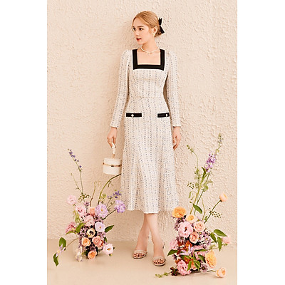 Đầm tweed midi tay dài cổ vuông