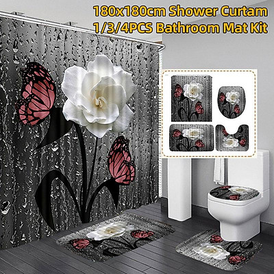 Butterfly Bathroom Rug Set Shower Curtain Non-Slip Soft Toilet Lid Cover Bath Ma 