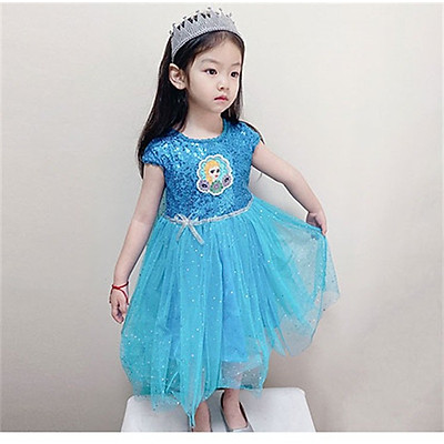 Váy đầm công chúa Elsa, trang phục hóa trang Elsa đính kim tuyến cho bé gái kèm tà dài (Tặng bộ phụ kiện) E149