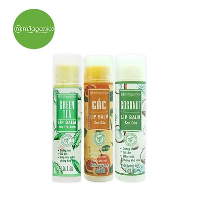 Combo Son Trà Xanh + Son Gấc + Son Dừa Dưỡng Môi, Giảm Thâm, Hồng Môi Milaganics (4.5g / Cây)