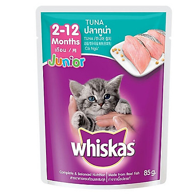 Combo thức ăn cho mèo con Whiskas vị cá biển và sữa 1,1kg + Pate mèo con vị cá ngừ 85g