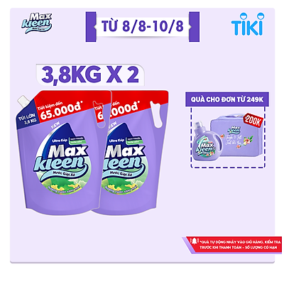 Combo 2 túi nước giặt xả Maxkleen hương Vườn Sớm Mai 3.8kg/túi 