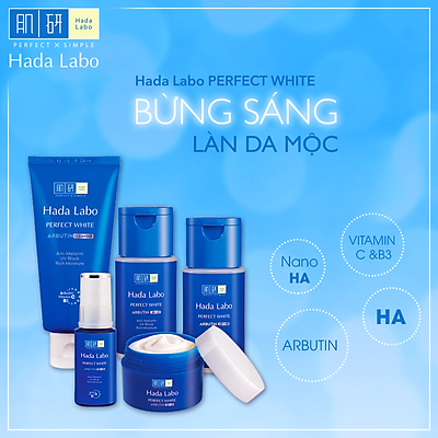 Bộ sản phẩm dưỡng trắng da tối ưu Hada Labo Perfect White (Kem rửa mặt 80g + Dung dịch dưỡng 100ml + Kem dưỡng 50g)