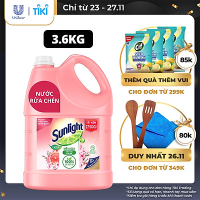 Chai Nước Rửa Chén 3.6kg Sunlight Mềm Dịu Không hại da tay Hương Bưởi & Hoa Anh Đào Thành phần làm sạch 100% từ gốc thực vật