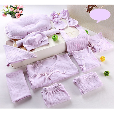 Set đồ sơ sinh cotton 18 chi tiết mùa xuân hè thu cho bé trai và bé gái (3 bộ bồ, 1 yếm choàng lớn, 1 gối, 1 yếm tròn nhỏ, 1 yếm tam giác, 4 khăn sữa, 1 mũ, 1 đôi tất tay, 1 đôi tất chân)