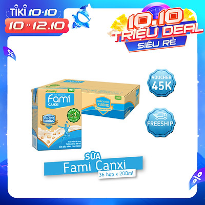 Thùng sữa đậu nành Fami Canxi Nguyên vị (200ml x 36 hộp