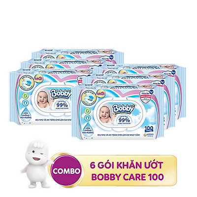 Combo Tiết Kiệm: 6 Gói Khăn Ướt Bobby Care Không Hương 100 Miếng/Gói