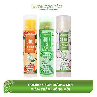 Combo Son Trà Xanh + Son Gấc + Son Dừa Dưỡng Môi, Giảm Thâm, Hồng Môi Milaganics (4.5g / Cây)