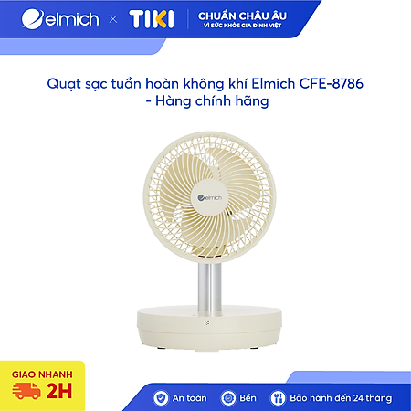 Quạt sạc tuần hoàn không khí Elmich CFE-8786, dung lượng pin lớn, hoạt động liên tục tới 10h, tạo nên luồng gió mạnh,  di chuyển linh hoạt 90° theo chiều ngang tạo luồng gió đa chiều, làm mát nhanh, dễ chịu - Hàng chính hãng