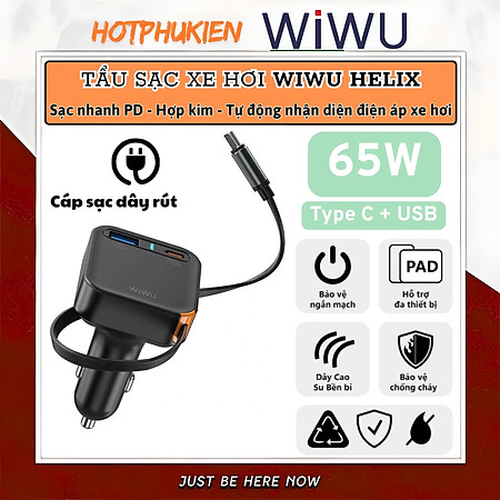 Tẩu củ sạc nhanh PD 65W cho xe hơi ô tô PD3.0 Type-C + 1 USB-A QC3.0 kèm dây sạc rút Type-C 66cm hiệu WIWU Helix cho iphone 17 16 15 iPad pro air Gen Vivo Oppo samsung Macbook - Trang bị chip Ai điều chỉnh dòng, Chống cháy, hợp kim nhôm - Hàng nhập khẩu