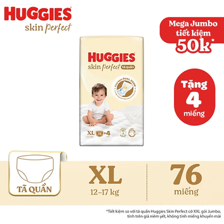 Tã quần Huggies Skin Perfect Mega Jumbo XL72+4 miếng với 2 vùng thấm giảm kích ứng da