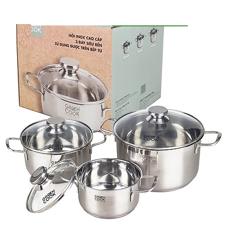 Bộ 3 nồi inox đáy từ 3 lớp Greencook GCS06 dùng được trên mọi loại bếp, quai cách nhiệt size 16/20/24cm