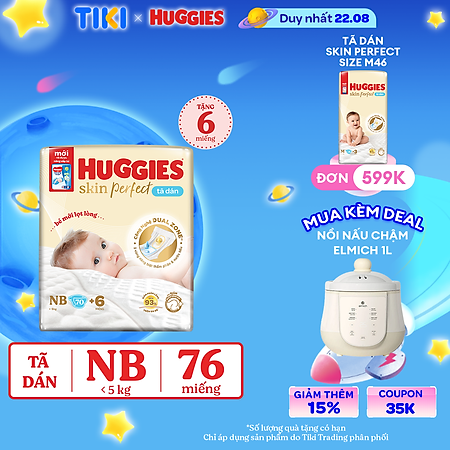 Tã/bỉm dán sơ sinh Huggies Skin Perfect NB 70+6 miếng với 2 vùng thấm giảm kích ứng da