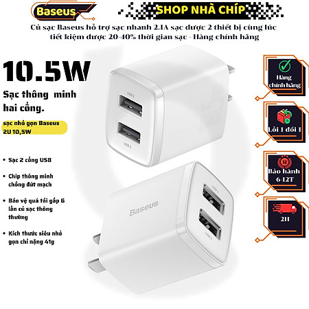 Củ sạc Baseus hỗ trợ sạc nhanh 2.1A sạc được 2 thiết bị cùng lúc tiết kiệm được 20-40% thời gian sạc - Hàng chính hãng