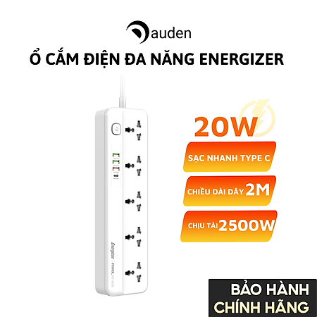 Ổ điện đa năng Energizer 5AC kèm 3USB-A và 1USB-C sạc nhanh PD (max 20W) - White - Chịu tải tối đa 2500W - Hàng chính hãng