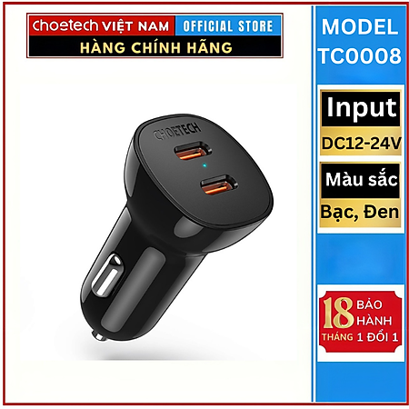 Tẩu sạc Choetech TC0008 nhanh trên ô tô 2 cổng Type C 40W (Hàng chính hãng)