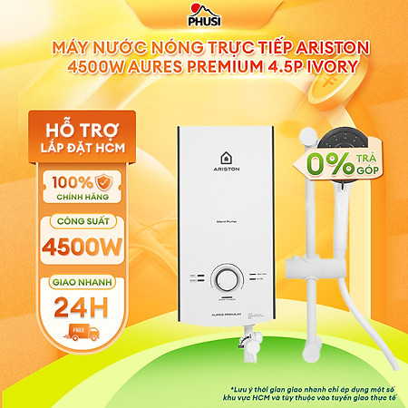 AURES PREMIUM 4.5P IVORY Máy nước nóng trực tiếp Ariston 4500W AURES PREMIUM 4.5P IVORY Bơm Trợ Lực, Kèm Vòi Sen [Hàng Chính Hãng]