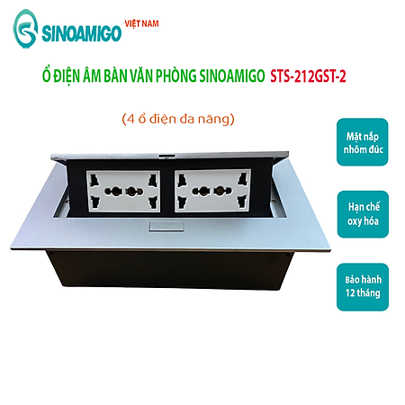 Hộp điện âm bàn Sinoamigo STS-212GST-2 gồm 2 ổ điện, 2 ổ cắm HDMI, 1 ổ USb 5V-21.A. Chất liệu hợp kim nhôm màu bạc sang trọng - Hàng chính hãng