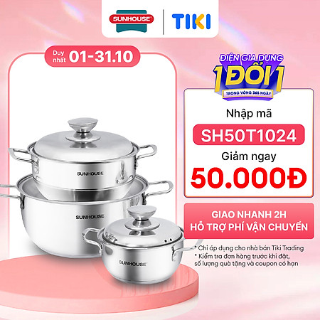 Bộ Nồi Inox 3 Đáy Sunhouse SH335(16cm, 20cm, 24cm ) - Dùng trên mọi loại bếp - Hàng chính hãng
