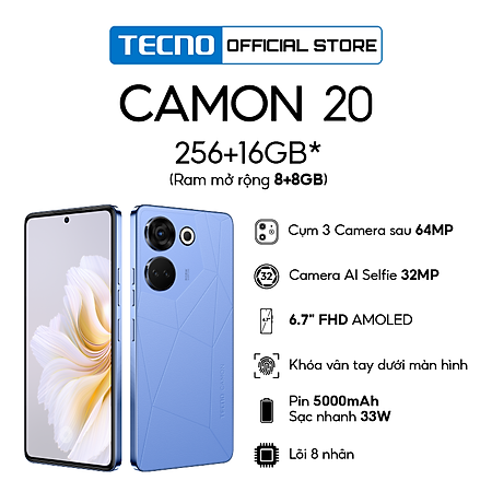 Điện thoại Tecno CAMON 20 8GB/256GB - Camera 64MP + 32MP | 5000 mAh | Sạc nhanh 33W | 6.7'' FHD AMOLED - BH 13 Tháng - Hàng Chính Hãng