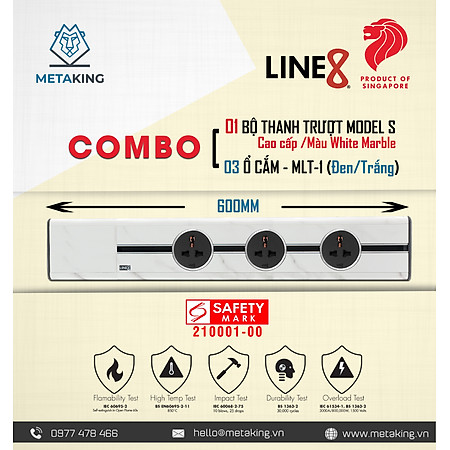 COMBO [ 1 Thanh Ray Dẫn Điện Line8 Model S (600mm/Cao Cấp/Màu Indian White Marble) & 3 Ổ Cắm MLT-1 (Đen/Trắng)]