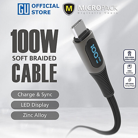 Cáp Sạc MicroPack POWER LINK C2 MC-C100 Soft Braided Sạc Nhanh 100W USB-C to C Bện Dù Đèn Led Hiển Thị Công Suất Sạc Hàng Chính Hãng