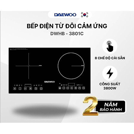 Bếp Đôi Điện Từ Hồng Ngoại Daewoo DWHB-3801C, mặt kính pha lê bóng 3800W, phù hợp mọi loại nồi - Hàng chính hãng