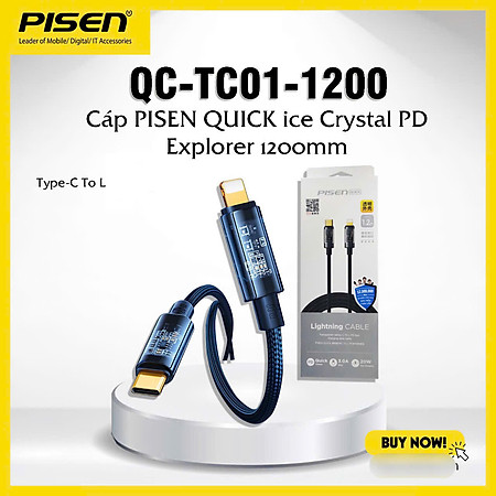 Cáp Pisen Quick Ice Cry.stal PD Type-C to L Explorer 1200mm ( QC-TC01-1200) trong suốt, dây dù chống rối, hàng chính hãng