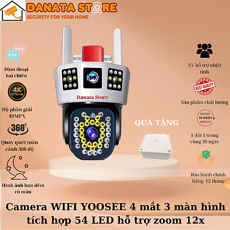 Camera WIFI YooSee 4 mắt 3 màn hình PTZ 10.0MPx - tích hợp 54 đèn LED siêu sáng hỗ trợ đàm thoại 2 chiều, cảnh báo chuyển động - Hàng chính hãng