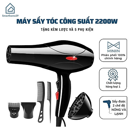 Máy Sấy Tóc Tạo Kiểu 2 Chế Độ Sấy Nóng - Lạnh Công Suất Lớn 2200W Tặng Kèm Lược 5 Phụ Kiện Siêu Hot - Hàng Loại 1 - Chính Hãng MINIIN