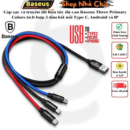 Cáp sạc và truyền dữ liệu tốc độ cao Baseus Three Primary Colors tích hợp 3 đầu kết nối Type C, Android và IP - Hàng chính hãng