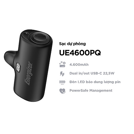 Sạc dự phòng Energizer 4,600mAh 3.6V Li-ion UE4600PQBK,Sạc nhanh PD 22.5W, bảo hành 24 tháng 1 đổi 1 - Hàng chính hãng