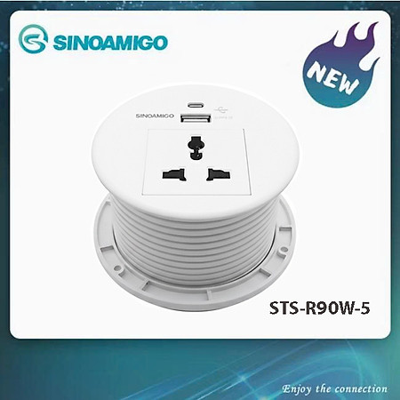 Ổ điện âm bàn hình tròn Sinoamigo STS-R90W-2, có cổng sạc USB A+C, ổ điện đa năng - Hàng chính hãng