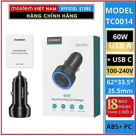 Tẩu sạc CHOETECH TC0014 nhanh 60W  dùng trên ô tô (Hàng chính hãng)