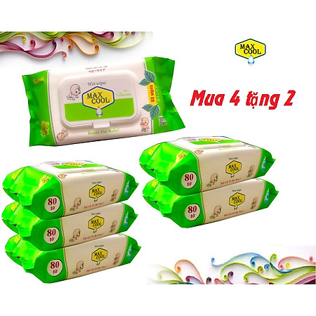 Combo 4 Gói Khăn Ướt Max Cool 80 Tờ Tặng 2 Gói Cùng Loại