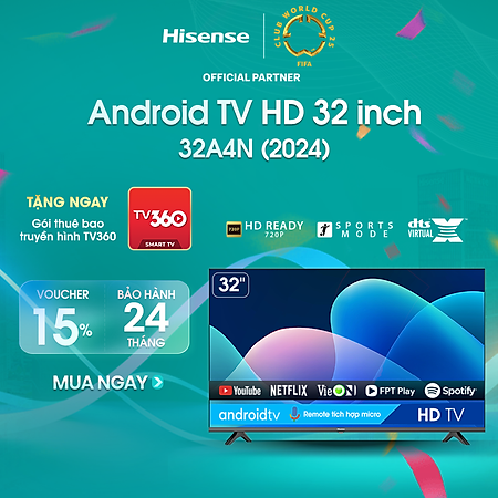 Android Tivi LED Hisense 32 inch 32A4N trợ lý ảo Google Voice Control, bảo hành 2 năm - HÀNG CHÍNH HÃNG