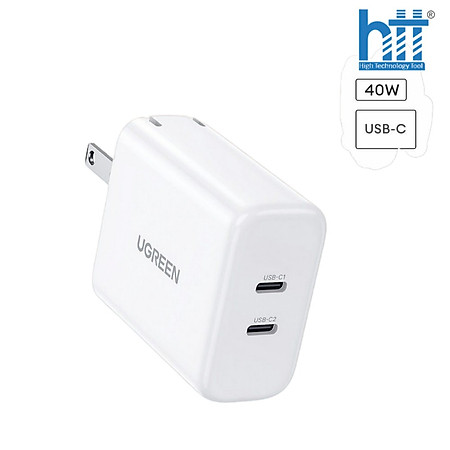 Củ sạc nhanh UGREEN 10342 Sạc nhanh 40W 2 cổng Type C Chân cắm tròn EU – Hàng chính hãng