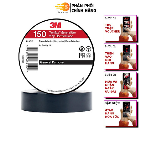 Băng keo điện PVC 3M Temflex 150 18mm x 20m 3M-BK150 - Chống cháy, cách điện tốt, chịu nhiệt cao, sử dụng linh hoạt