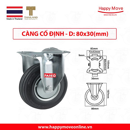 Bánh xe đẩy cao su đen càng cố định 80-100mm - Happy Move Thái Lan