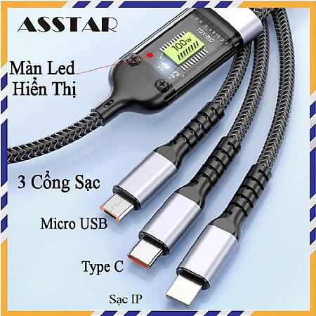 Dây Sạc Nhanh, Cáp Sạc 3 Đầu Công Suất Tối Đa 100W, Sạc Tất Cả Các Dòng Máy, Dây Dài 1-1.2m Loại Dây Dù Chống Đứt - Hàng Nhập Khẩu