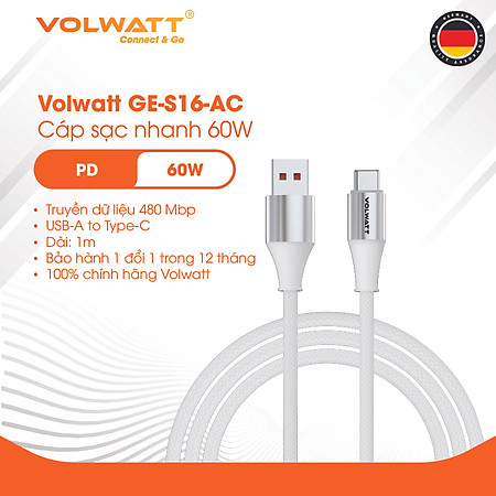 Cáp sạc nhanh 60W Volwatt GE-S16-AC hàng chính hãng | Cáp USB-A to Type-C, truyền dữ liệu 480Mbps, dây bện – BH 12 tháng