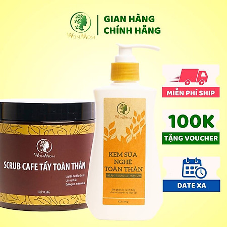 Bộ dưỡng trắng hồng da toàn thân Wonmom (1 kem sữa nghệ + 1 scrub cafe tẩy tế bào chết toàn thân)