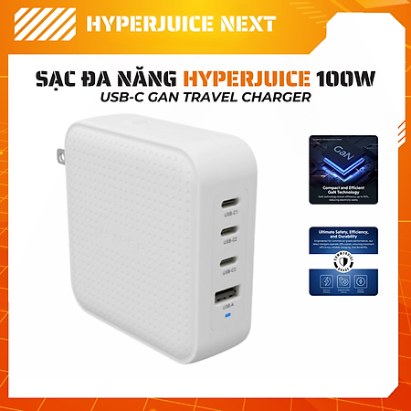 Sạc Nhanh HyperJuice Travel Charger 100W USB-C GaN  – Sạc Đa Thiết Bị, Tối Ưu Cho Mọi Chuyến Đi, Hàng chính hãng